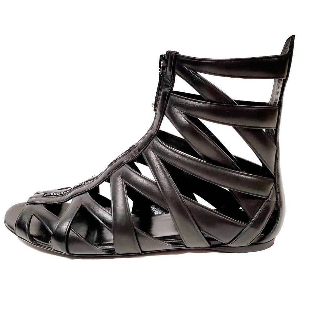 GUCCI SHOES VENUS GLADIATOR FLAT SANDALS BLACK LEATHER sz IT 37.5 US 7.5